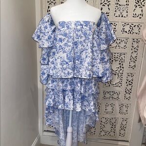 Caroline Constas Blue & White Floral Tiered Hi-Low Skirt and top